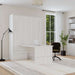 White Ash Inovabed Murphy Bed with Desk closed in a bright room set up as a home office, with a black office chair pulled up to the table
