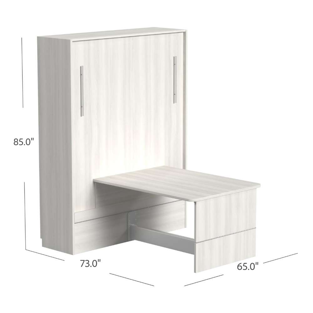 White Ash Inovabed Murphy Bed with Desk closed in table position with dimension labels reading 85 inches high, 73 inches deep and 65 inches wide