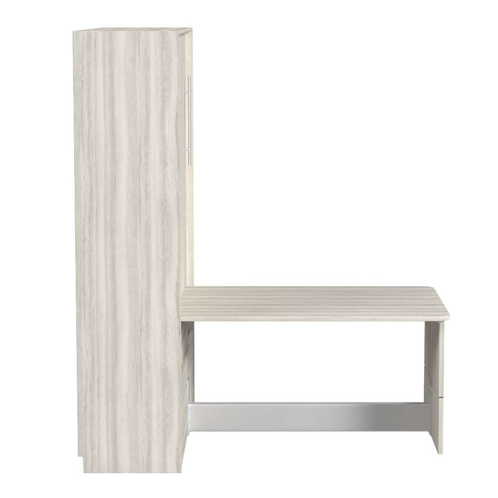 White Ash Inovabed Murphy Bed with Desk in side profile on a white background, closed with the tabletop projecting forward above a silver footrest bar