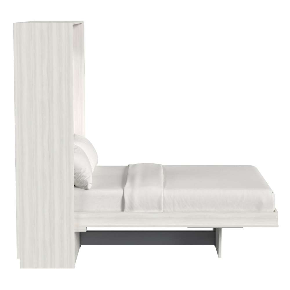 White Ash Inovabed Murphy Bed with Desk in side profile on a white background, opened with pillows and white bedding on the mattress