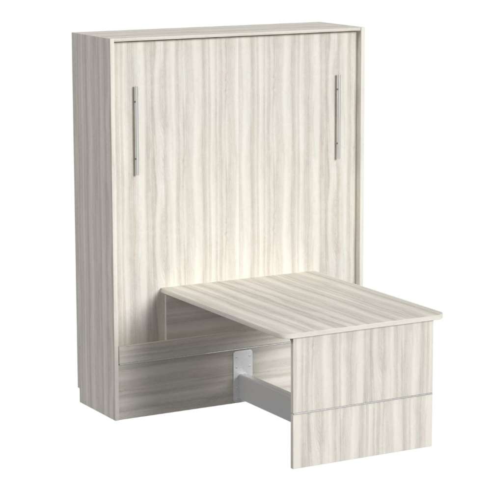 White Ash Inovabed Murphy Bed with Desk photographed at an angle on a white background, closed with the table extended and the footrest panel visible underneath