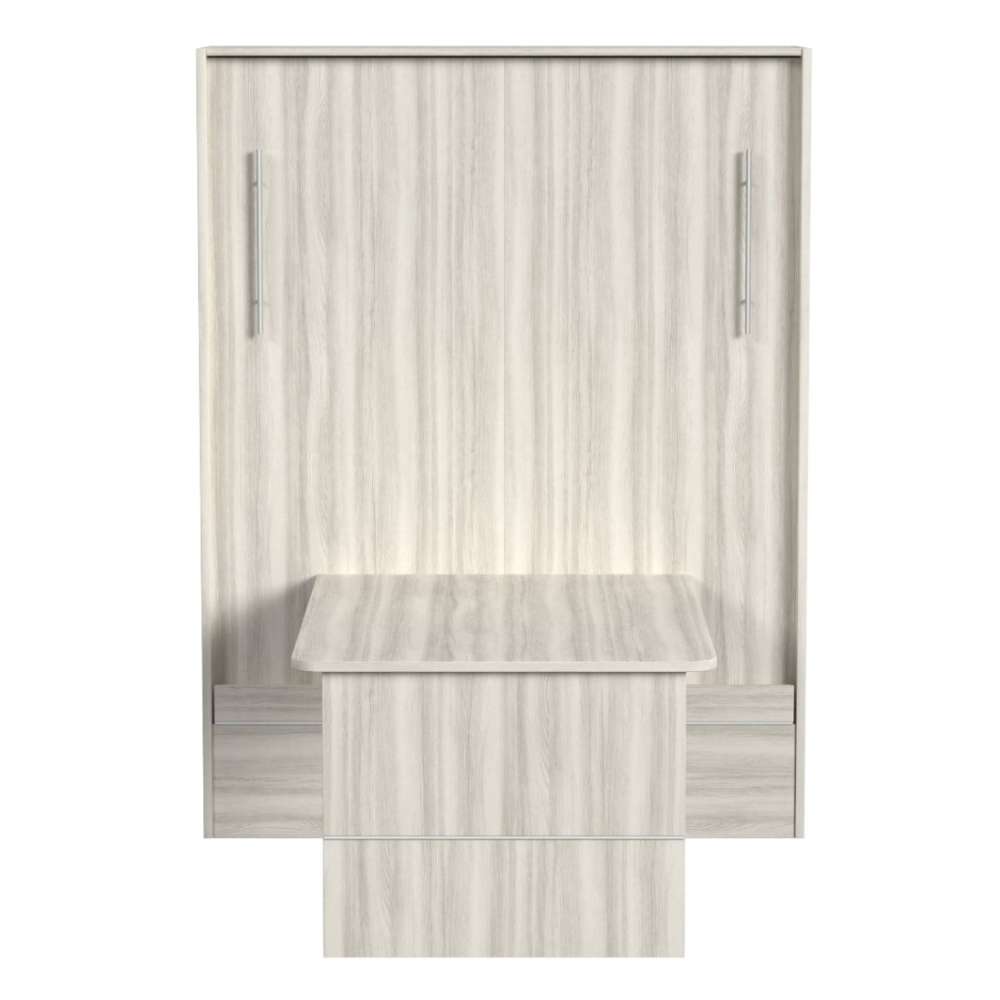 White Ash Inovabed Murphy Bed with Desk seen head-on on a white background, closed with the table extended straight toward the camera