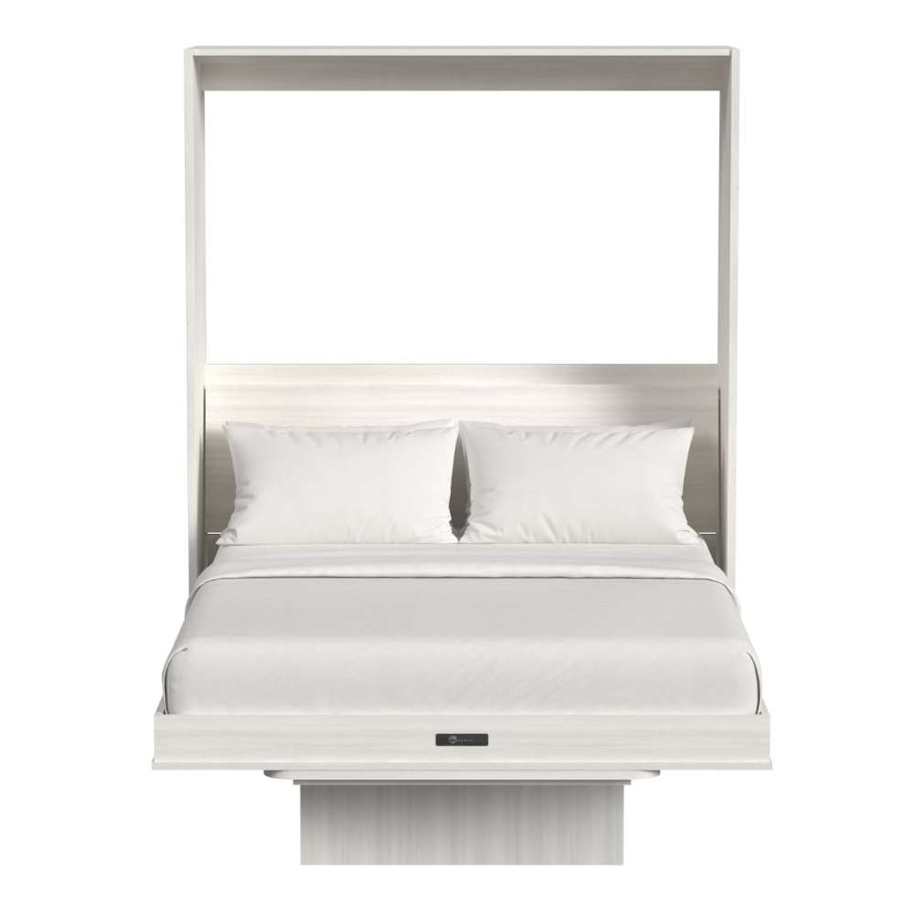 White Ash Inovabed Murphy Bed with Desk seen head-on on a white background, opened with two white pillows and white bedding over the mattress