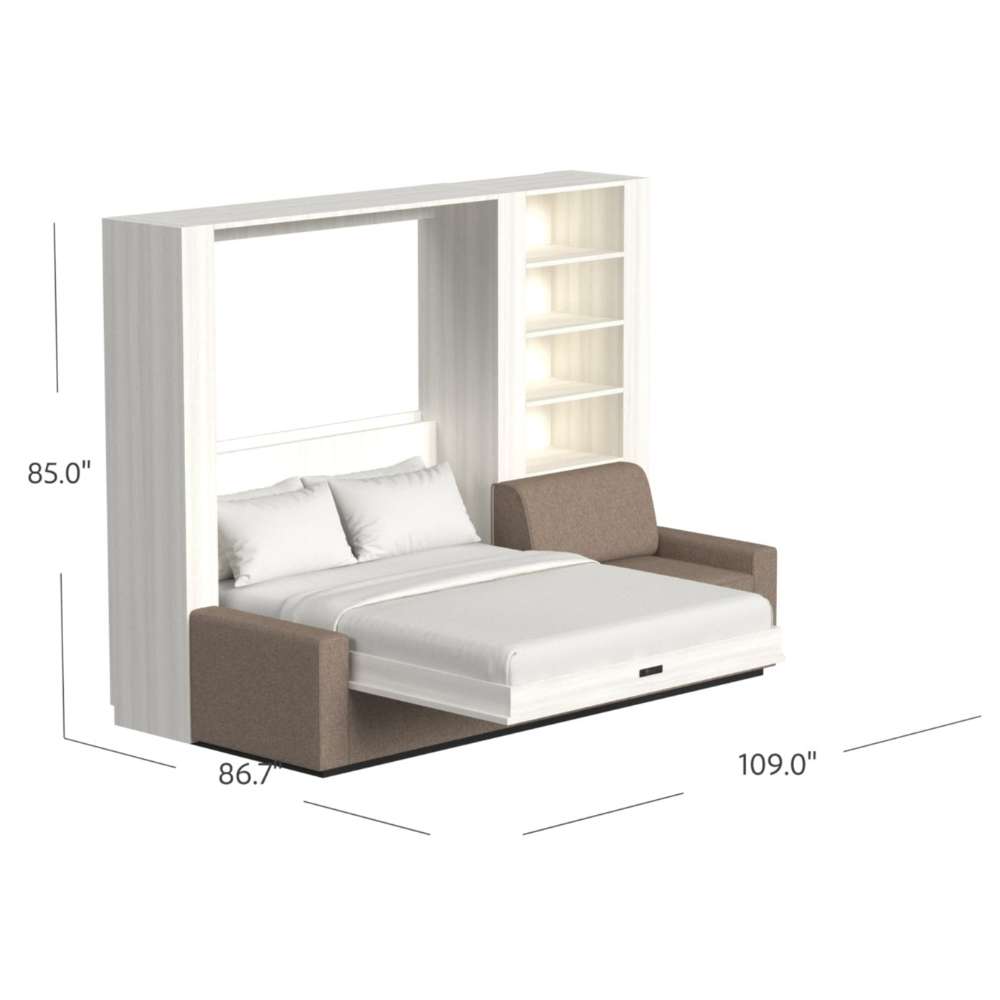 White Ash Inovabed Wall Bed with Extended Sofa dimension diagram with the bed lowered, labeled 85.0 inches high, 86.7 inches deep and 109.0 inches wide
