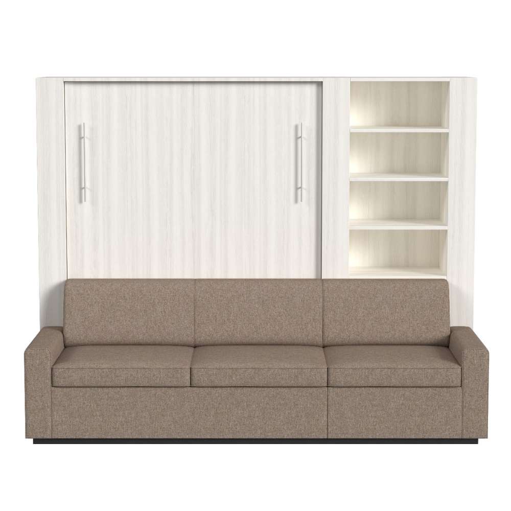 White Ash Inovabed Wall Bed with Extended Sofa head-on studio view of the unit closed as a sofa with the side bookcase