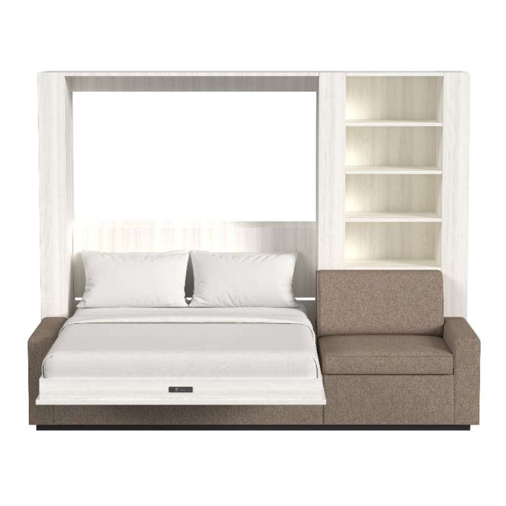 White Ash Inovabed Wall Bed with Extended Sofa head-on studio view with the bed lowered and pillows in place beside the side bookcase