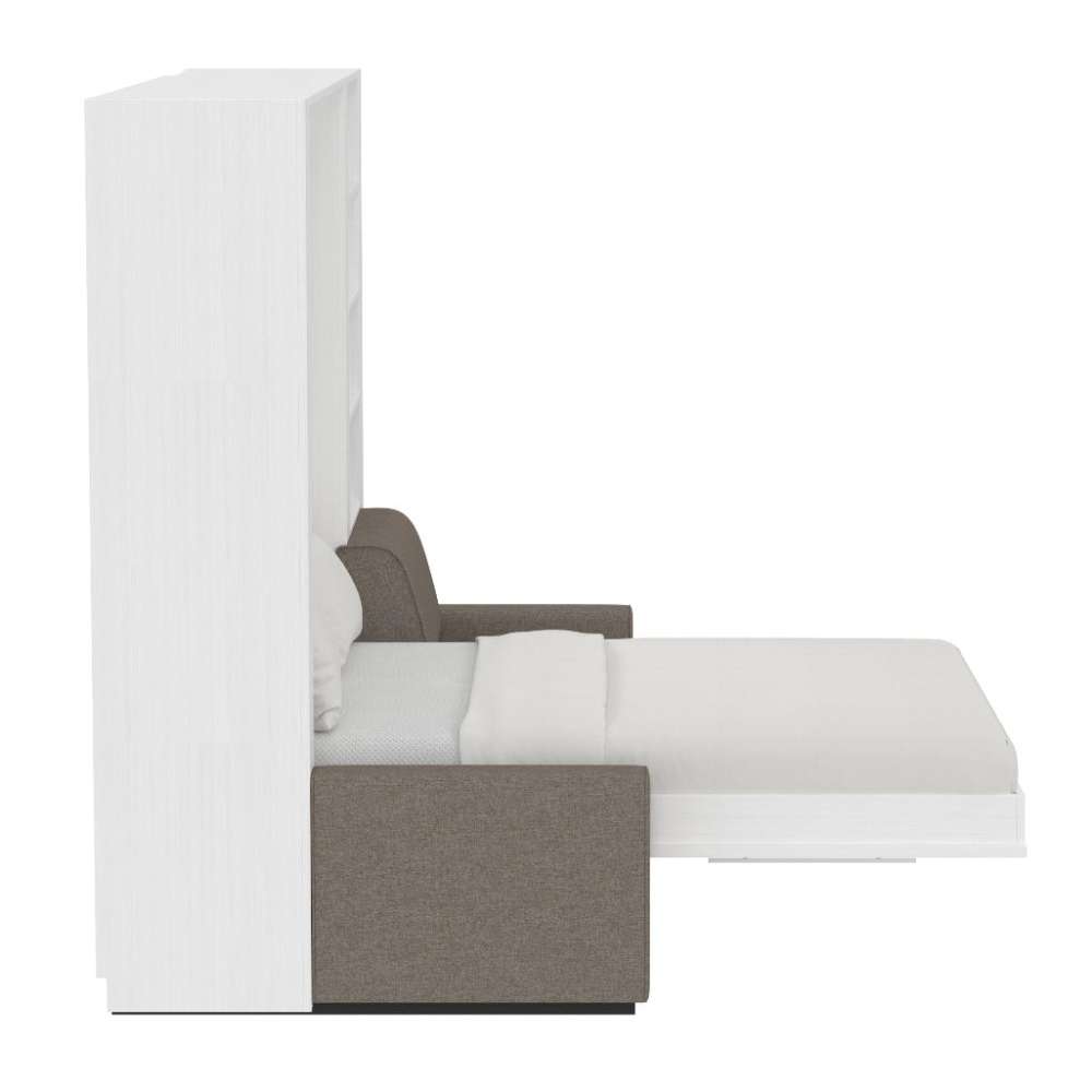 White Ash Inovabed Wall Bed with Extended Sofa side profile with the bed lowered, viewed from the plain outer side of the cabinet