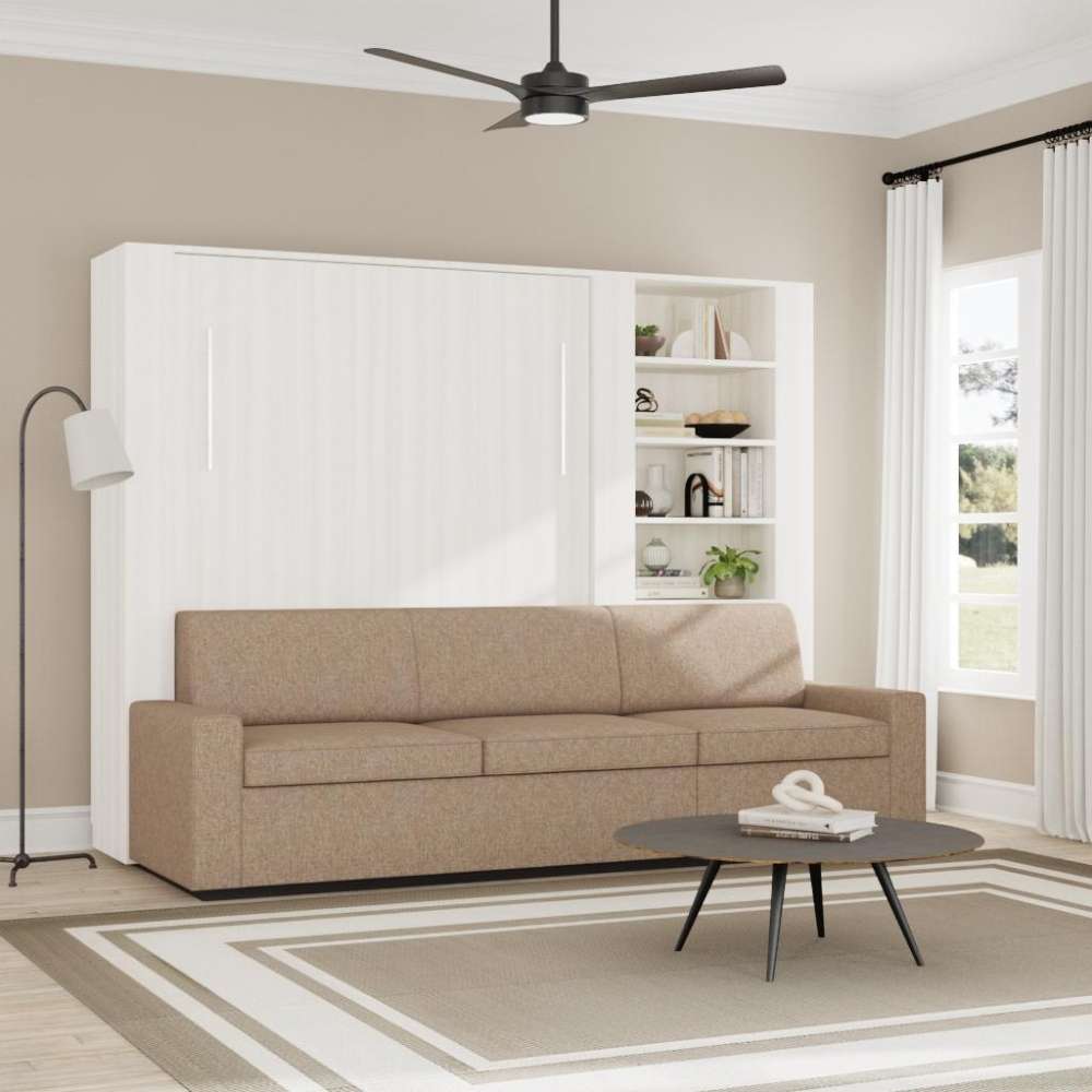 White Ash Inovabed Wall Bed with Extended Sofa styled living room with the unit closed as a sofa and a round coffee table in front