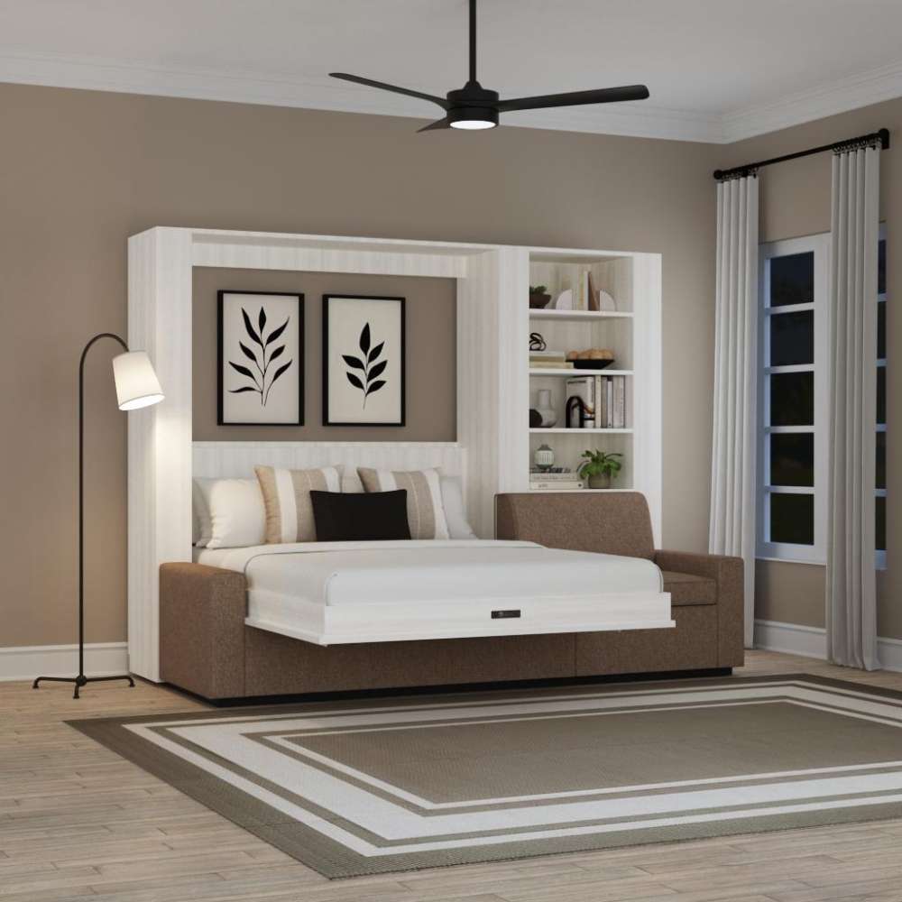 White Ash Inovabed Wall Bed with Extended Sofa warm styled room with the bed lowered beneath two botanical prints and a ceiling fan