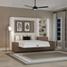 White Ash Inovabed Wall Bed with Extended Sofa warm styled room with the bed lowered beneath two botanical prints and a ceiling fan