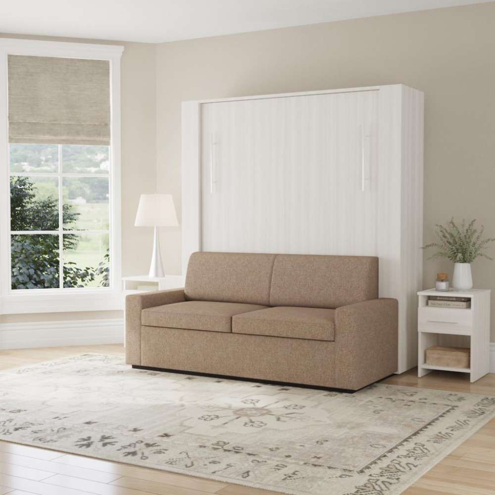 White Ash Inovabed Wall Bed with Sofa and Two Nightstands closed as a beige sofa in a bright room with a nightstand alongside, a roman shade and a floor lamp