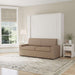 White Ash Inovabed Wall Bed with Sofa and Two Nightstands closed as a beige sofa in a bright room with a nightstand alongside, a roman shade and a floor lamp