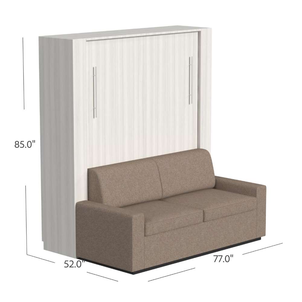 White Ash Inovabed Wall Bed with Sofa and Two Nightstands closed as a sofa with dimension labels reading 85 inches high, 52 inches deep and 77 inches wide