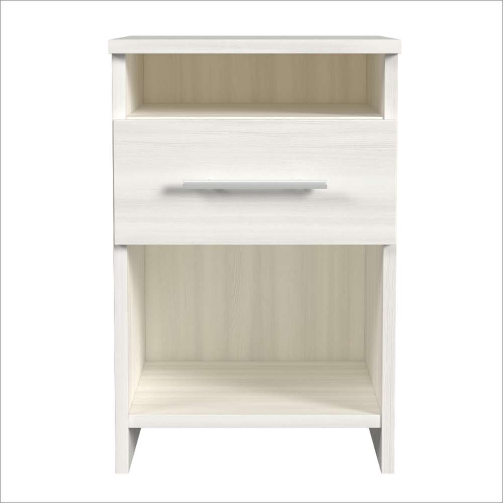 White Ash Inovabed Wall Bed with Sofa and Two Nightstands showing one nightstand head-on on a white background