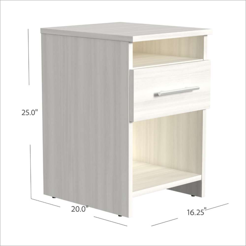 White Ash Inovabed Wall Bed with Sofa and Two Nightstands showing one nightstand with dimension labels reading 25 inches high, 20 inches deep and 16.25 inches wide