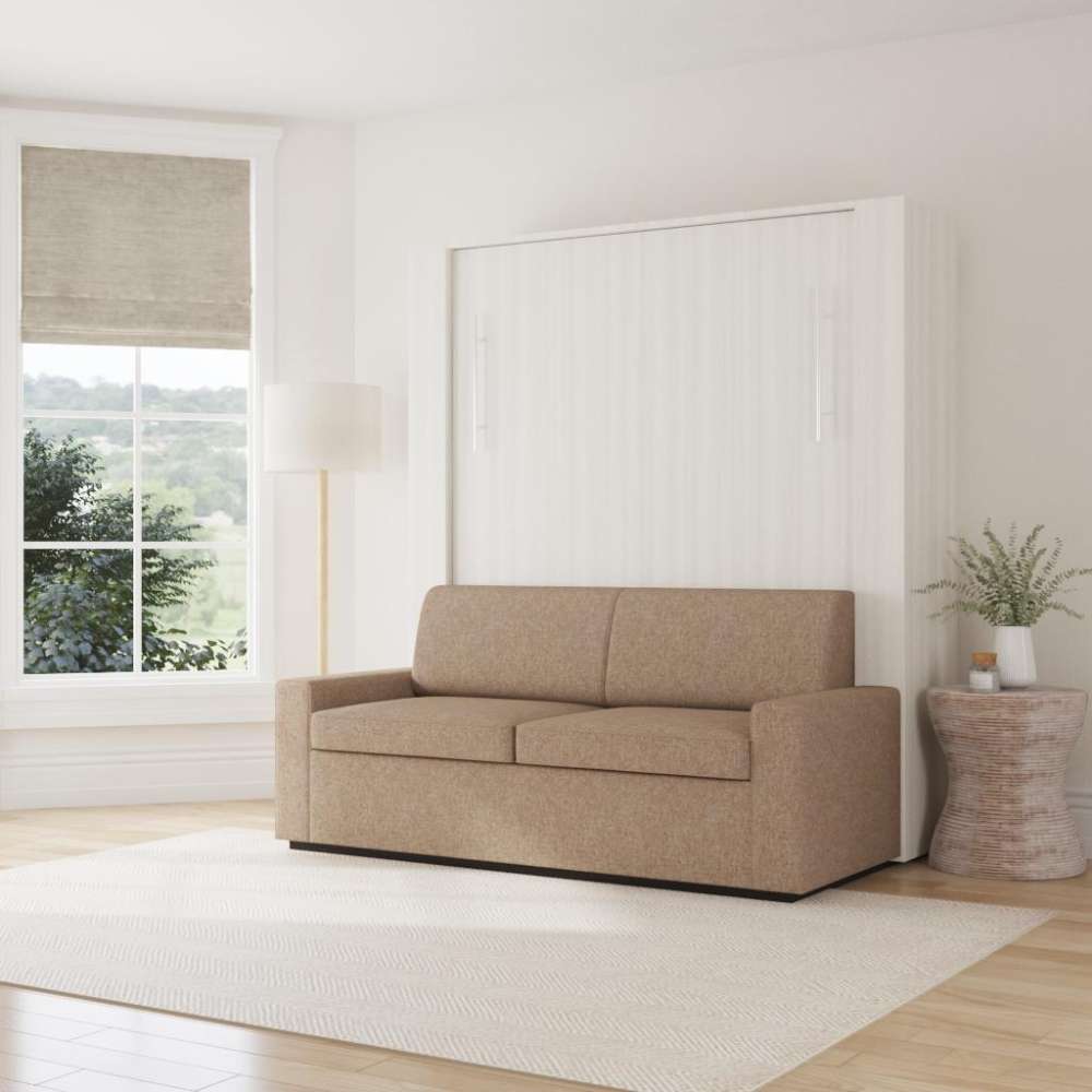 White Ash Inovabed Wall Bed with Sofa and Wide Flex Cabinet closed as a beige sofa in a bright room with a roman shade, a floor lamp and a woven side table