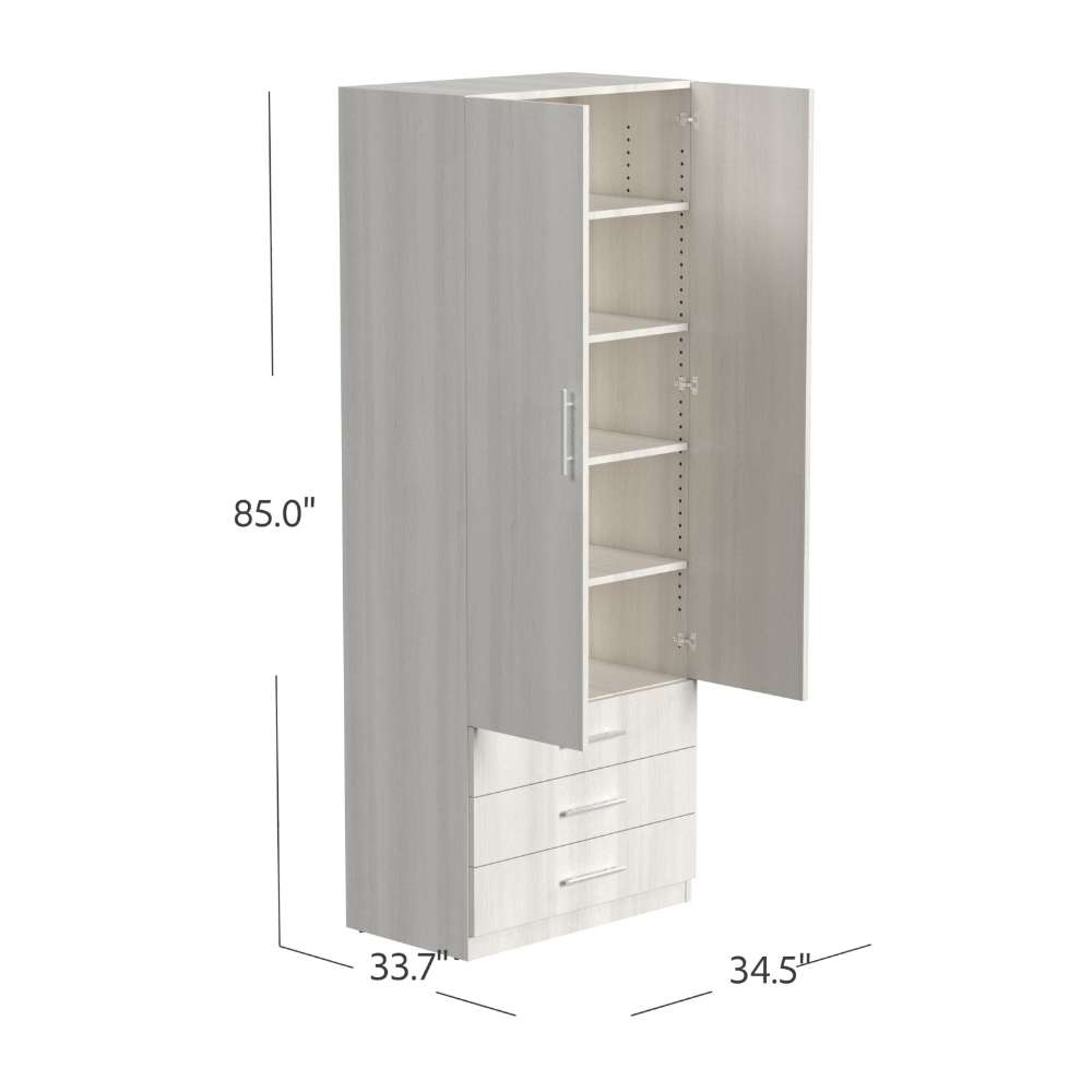 White Ash Inovabed Wall Bed with Sofa and Wide Flex Cabinet showing the Wide Flex Cabinet with both doors open and dimension labels reading 85 inches high, 33.7 inches deep and 34.5 inches wide