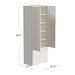 White Ash Inovabed Wall Bed with Sofa and Wide Flex Cabinet showing the Wide Flex Cabinet with both doors open and dimension labels reading 85 inches high, 33.7 inches deep and 34.5 inches wide