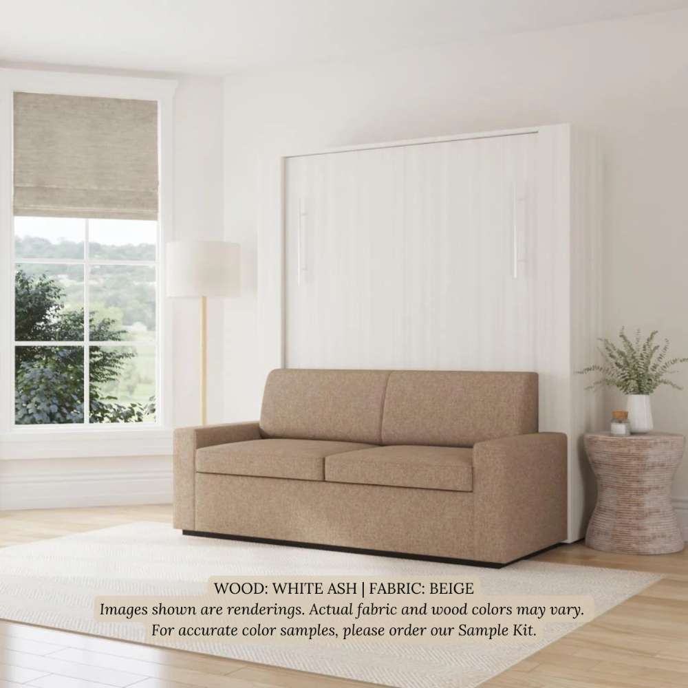 White Ash Inovabed Wall Bed with Sofa closed as a sofa in a bright room with a roman shade and a floor lamp, captioned wood White Ash and fabric Beige