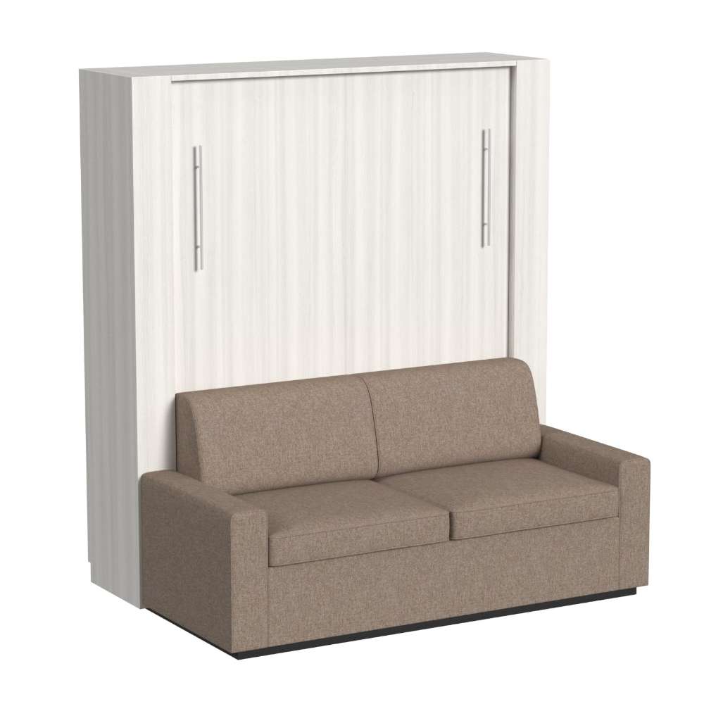 White Ash Inovabed Wall Bed with Sofa closed on a white background, showing the two-seat beige sofa in front of the cabinet and two slim silver handles