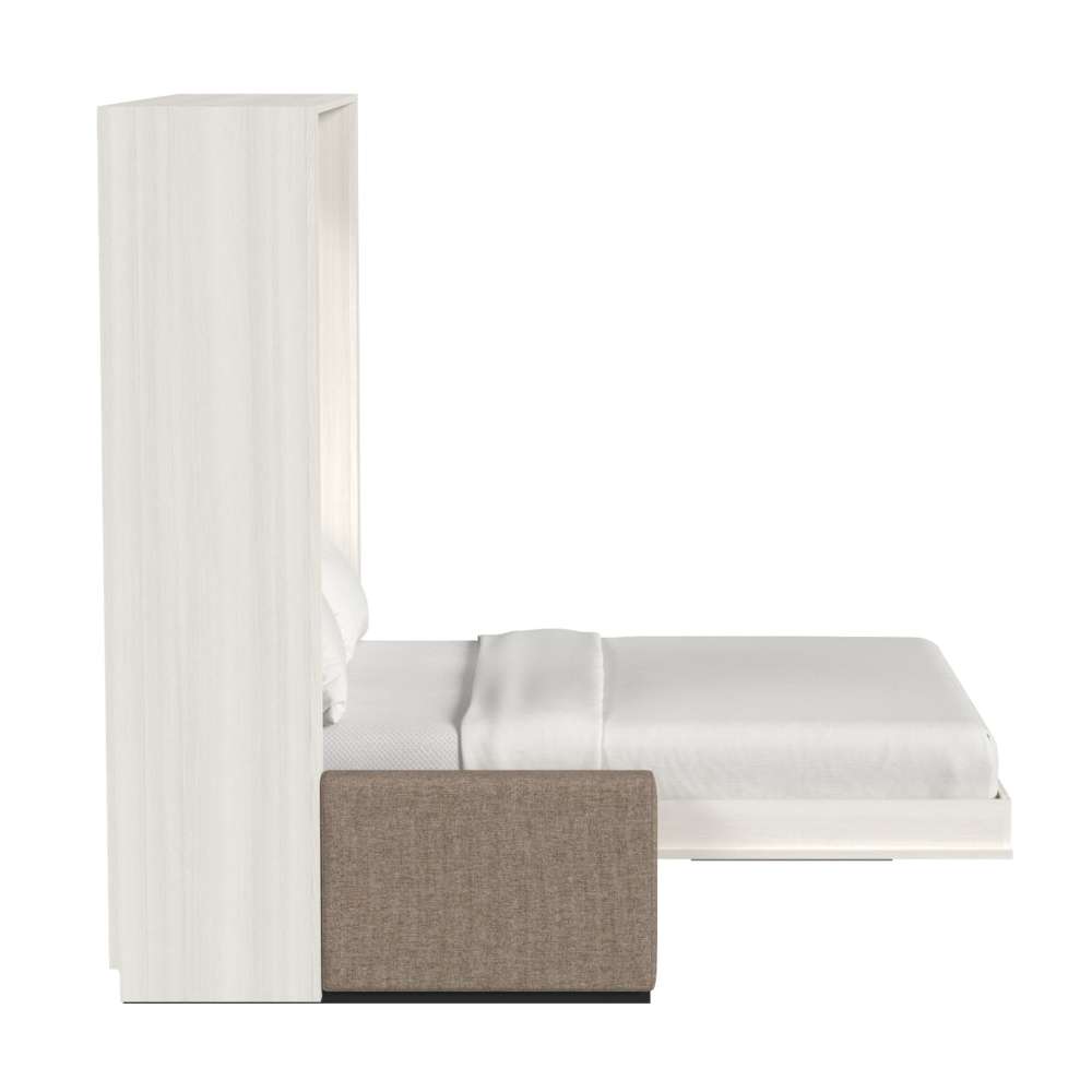 White Ash Inovabed Wall Bed with Sofa in side profile on a white background, opened with the made mattress extended over the beige sofa base