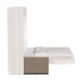 White Ash Inovabed Wall Bed with Sofa in side profile on a white background, opened with the made mattress extended over the beige sofa base