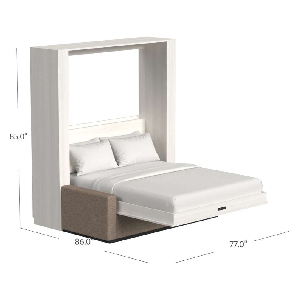 White Ash Inovabed Wall Bed with Sofa opened with dimension labels reading 85 inches high, 86 inches deep and 77 inches wide