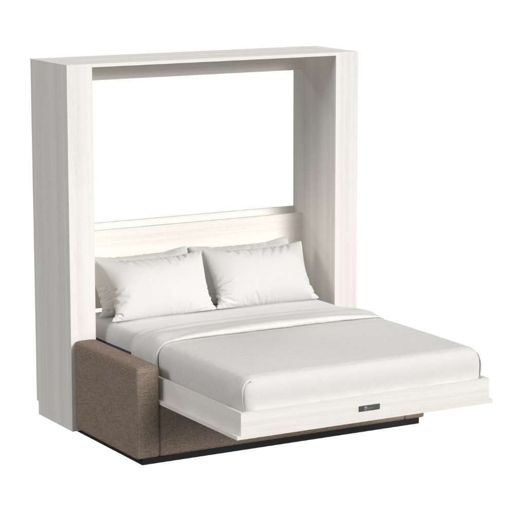 White Ash Inovabed Wall Bed with Sofa photographed at an angle on a white background, opened with two white pillows and white bedding over the mattress
