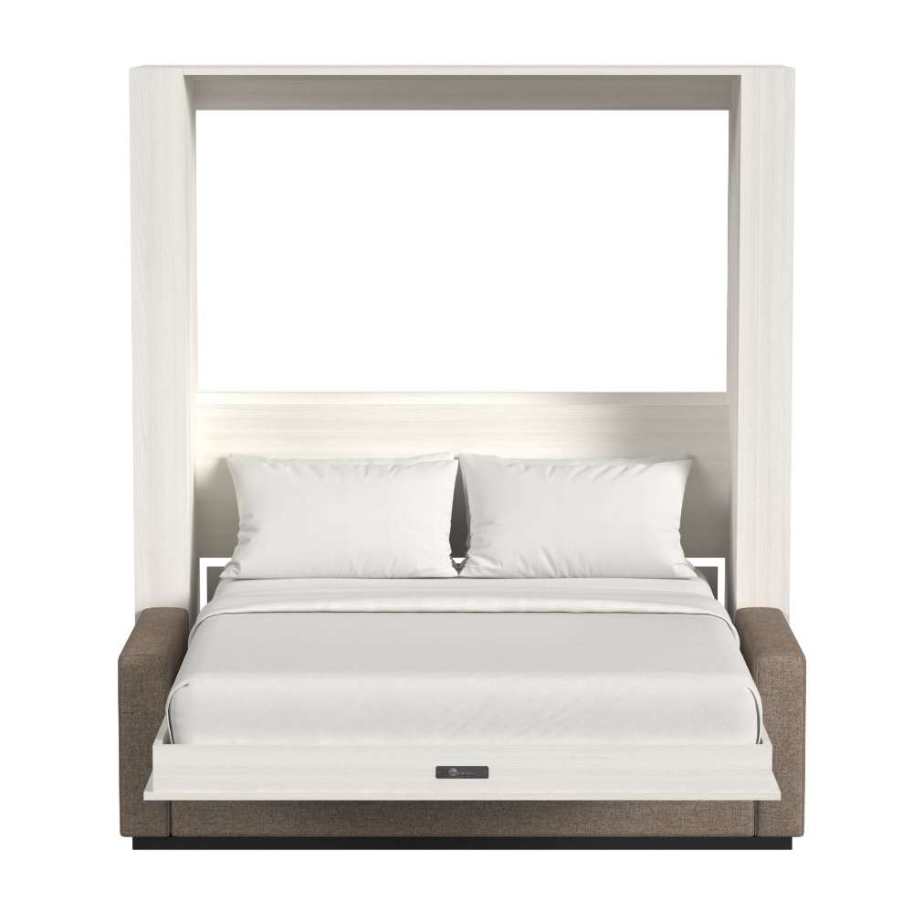 White Ash Inovabed Wall Bed with Sofa seen head-on on a white background, opened with two white pillows and white bedding over the mattress