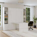 White Ash Inovabed Wall Bed with Table and Two Narrow Flex Cabinets closed in a bright room with the table extended and a black office chair pulled up to it