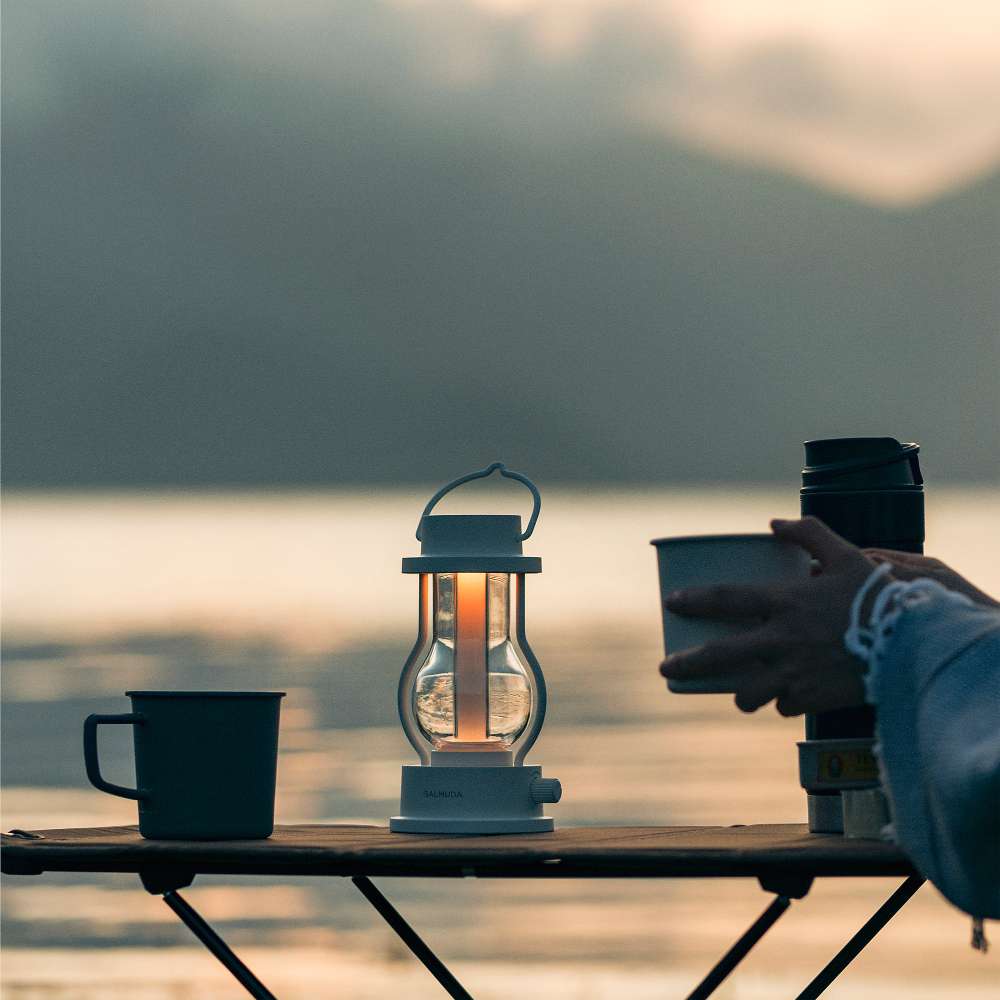 White Crate & Barrel Balmuda LED Rechargeable Outdoor Lantern shown on a plain background, a water-resistant lantern in plastic, stainless steel and aluminum