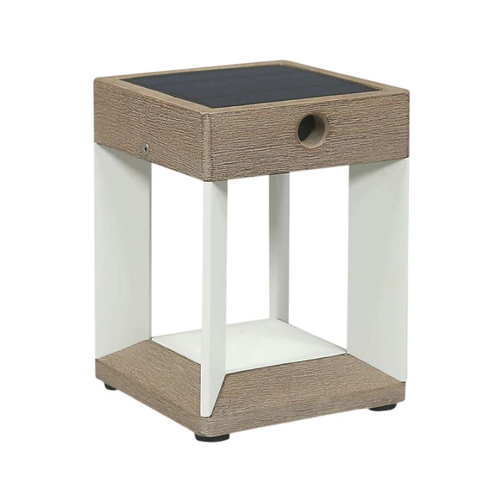 White Crate & Barrel Blade White Metal LED Solar Outdoor Table Lamp in white-finished aluminum with angled blades set into a weathered teak frame, shown in the main product view