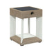 White Crate & Barrel Blade White Metal LED Solar Outdoor Table Lamp in white-finished aluminum with angled blades set into a weathered teak frame, shown in the main product view