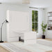 White Inovabed Murphy Bed with Desk closed in a bright room with the table extended into the floor space in front of the cabinet