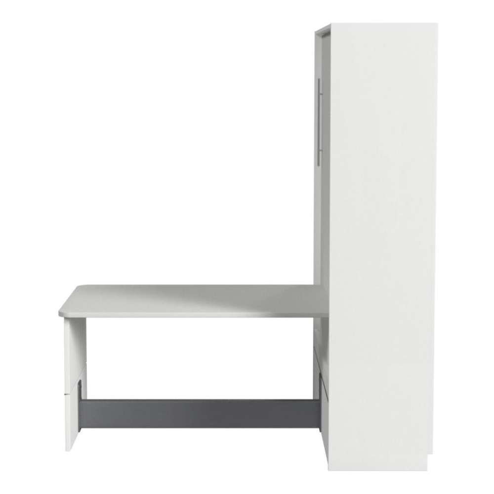 White Inovabed Murphy Bed with Desk in side profile on a white background, closed with the tabletop projecting forward above a dark footrest bar