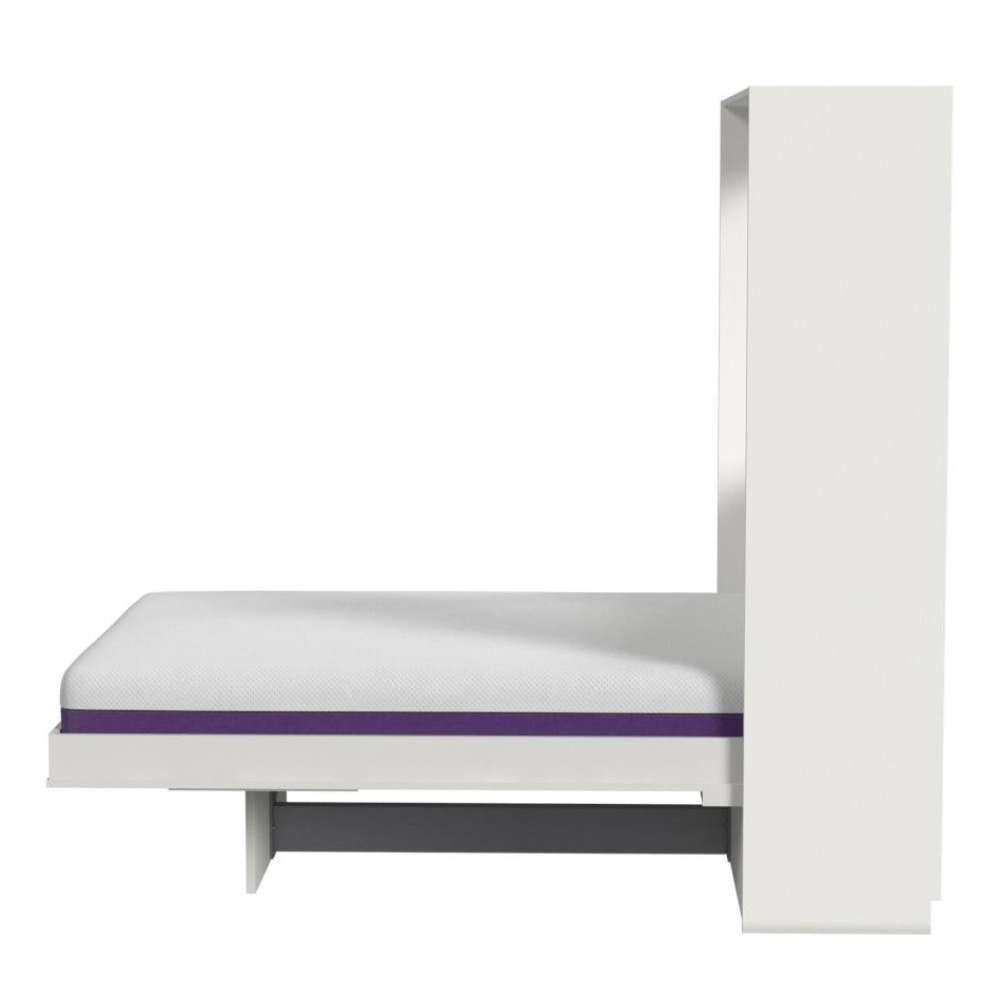 White Inovabed Murphy Bed with Desk in side profile on a white background, opened with a bare mattress and the black metal footrest bar visible under the cabinet