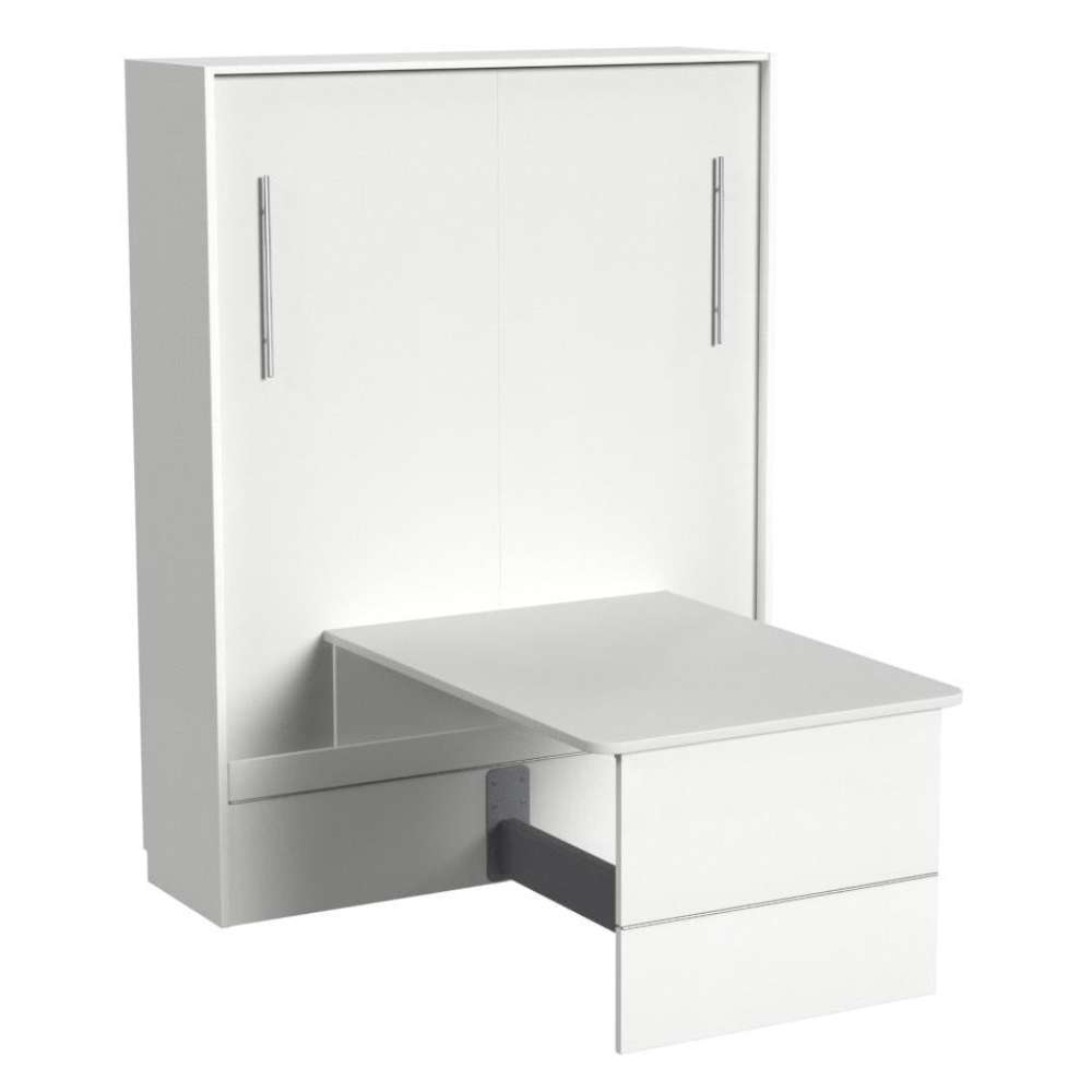 White Inovabed Murphy Bed with Desk photographed at an angle on a white background, closed with the table extended and the footrest panel visible underneath