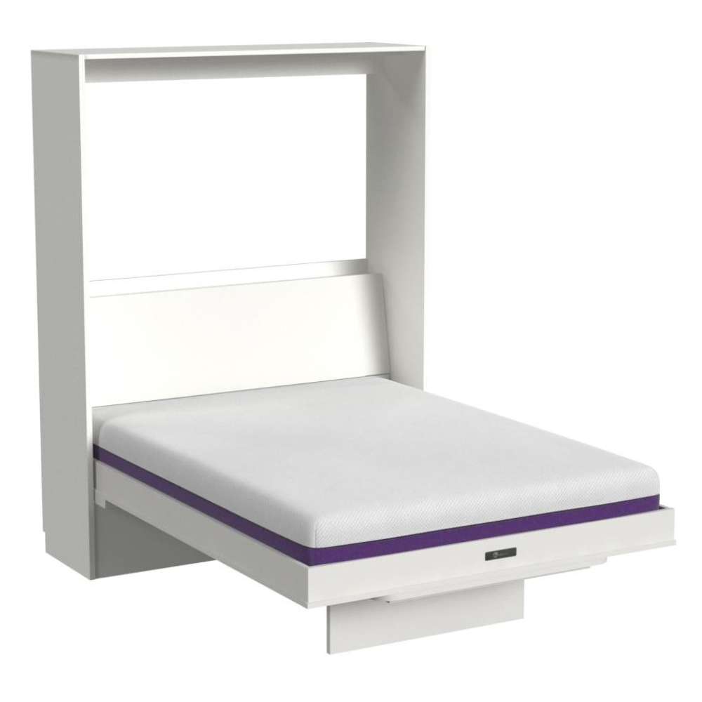 White Inovabed Murphy Bed with Desk photographed at an angle on a white background, opened with a bare white mattress showing a purple band along its edge