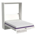 White Inovabed Murphy Bed with Desk photographed at an angle on a white background, opened with a bare white mattress showing a purple band along its edge