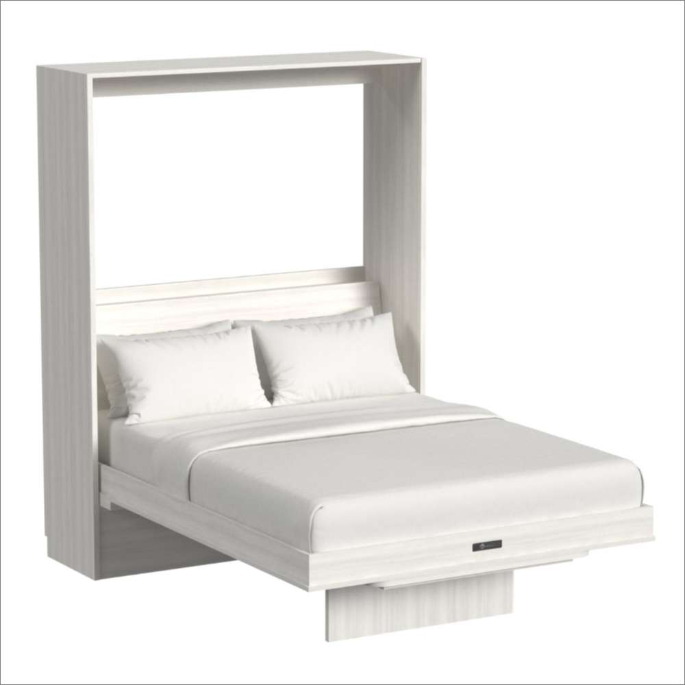 White Inovabed Murphy Bed with Desk photographed at an angle on a white background, opened with two pillows and white bedding over the mattress