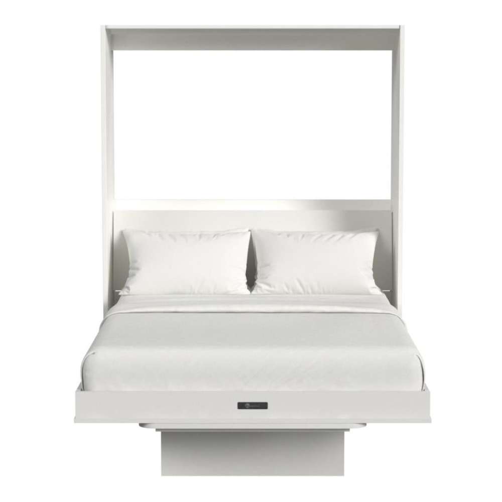 White Inovabed Murphy Bed with Desk seen head-on on a white background, opened with white bedding and the folded table below the foot of the bed