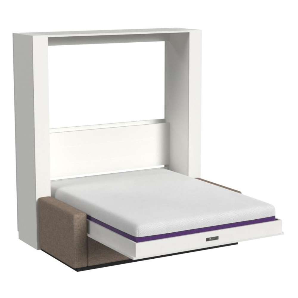 White Inovabed Wall Bed with Extended Sofa angled studio view with the bed lowered and the bare mattress in place