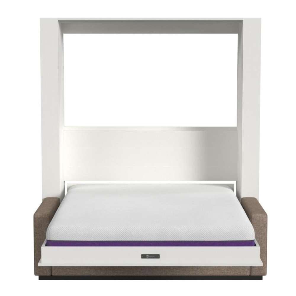 White Inovabed Wall Bed with Extended Sofa head-on studio view with the bed lowered and the bare mattress in place