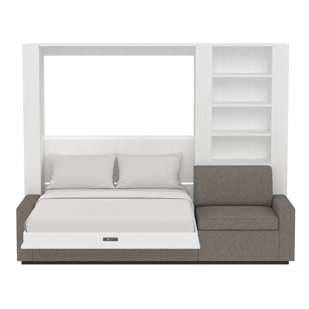 White Inovabed Wall Bed with Extended Sofa head-on studio view with the bed lowered beside the side bookcase
