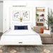 White Inovabed Wall Bed with Extended Sofa photographed room with the bed lowered, a navy pillow on the mattress and HOME letters on the bookcase shelves