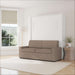 White Inovabed Wall Bed with Sofa and Two Nightstands closed as a beige sofa in a bright room with a roman shade, a floor lamp and a woven side table