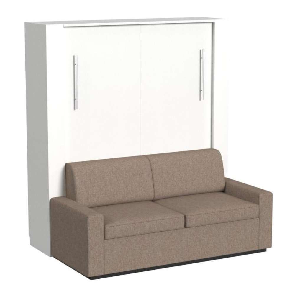 White Inovabed Wall Bed with Sofa and Two Nightstands photographed at an angle on a white background, closed with a two-seat beige sofa in front of the cabinet