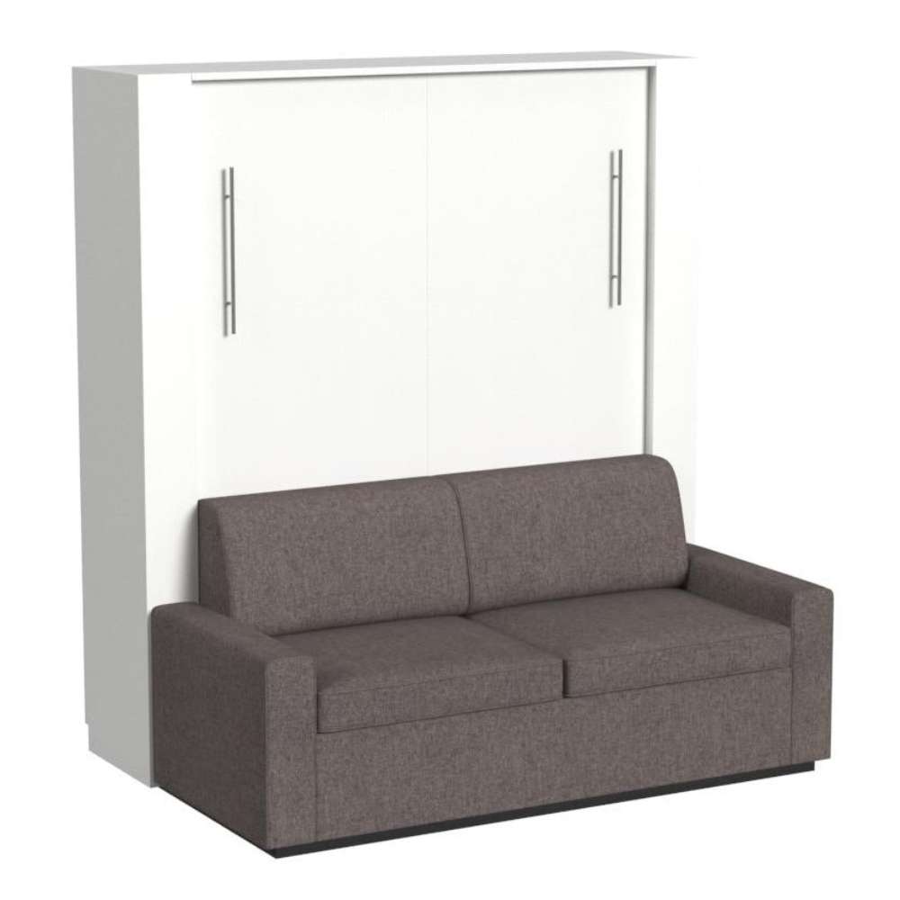 White Inovabed Wall Bed with Sofa and Two Nightstands photographed at an angle on a white background, closed with a two-seat gray sofa in front of the cabinet