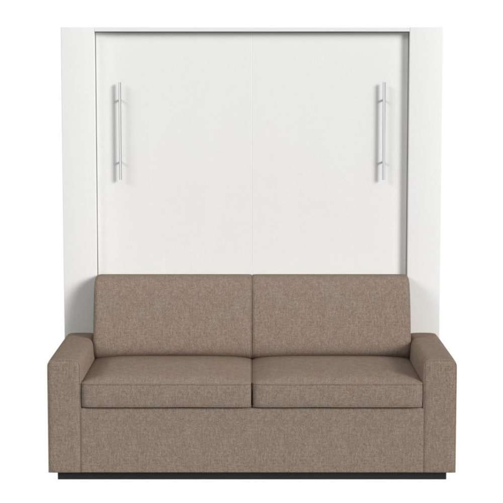 White Inovabed Wall Bed with Sofa and Two Nightstands seen head-on on a white background, closed with a two-seat beige sofa in front of the cabinet