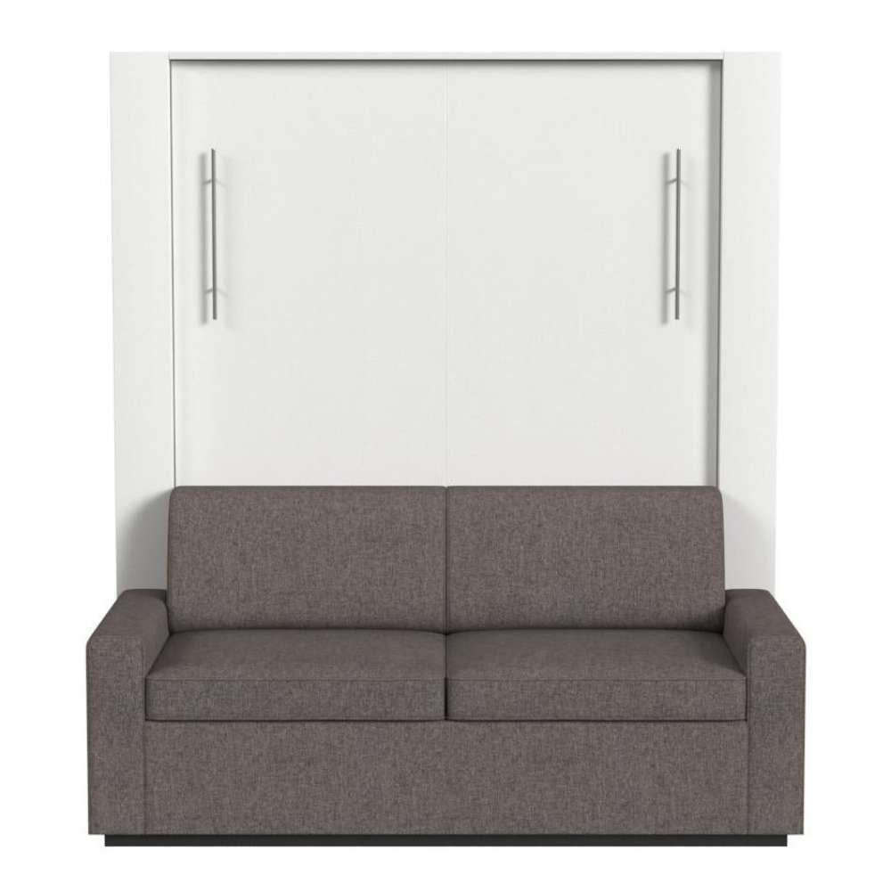 White Inovabed Wall Bed with Sofa and Two Nightstands seen head-on on a white background, closed with a two-seat gray sofa in front of the cabinet